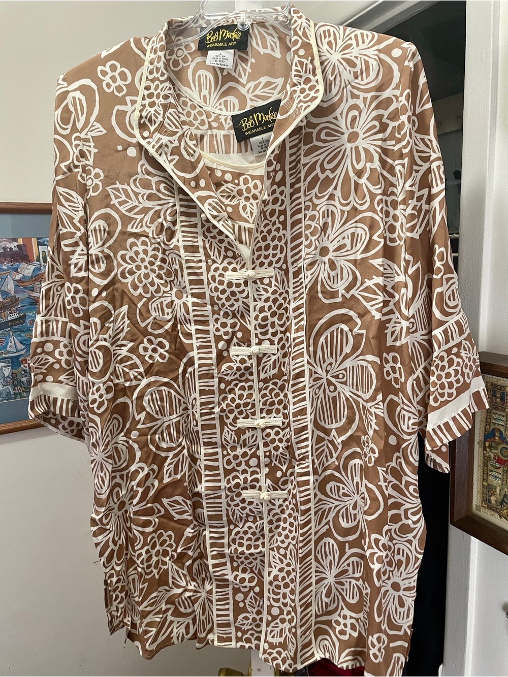 Bob Mackie Wearable Art 100% Silk Top & Tank Set  Tan Brown & White Size Large